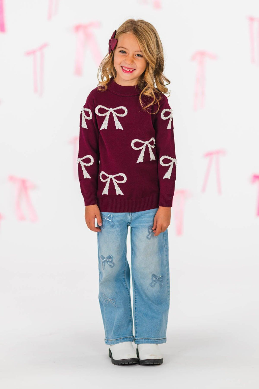 Mom & Me - Burgundy Pearl Bow Sweater