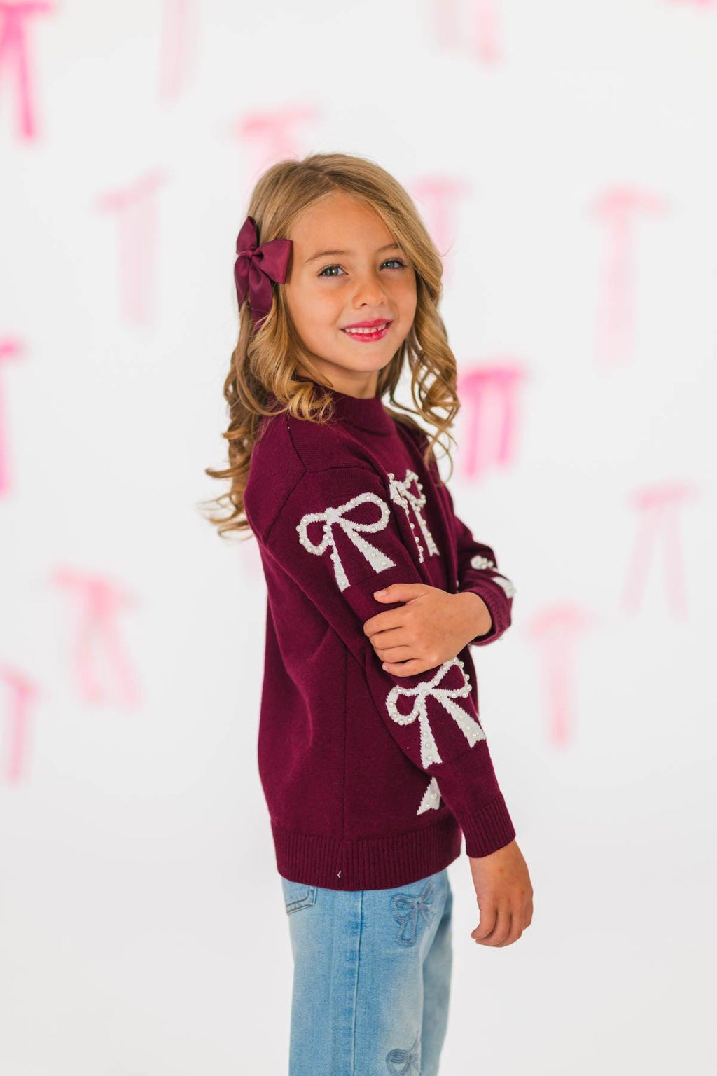 Mom & Me - Burgundy Pearl Bow Sweater