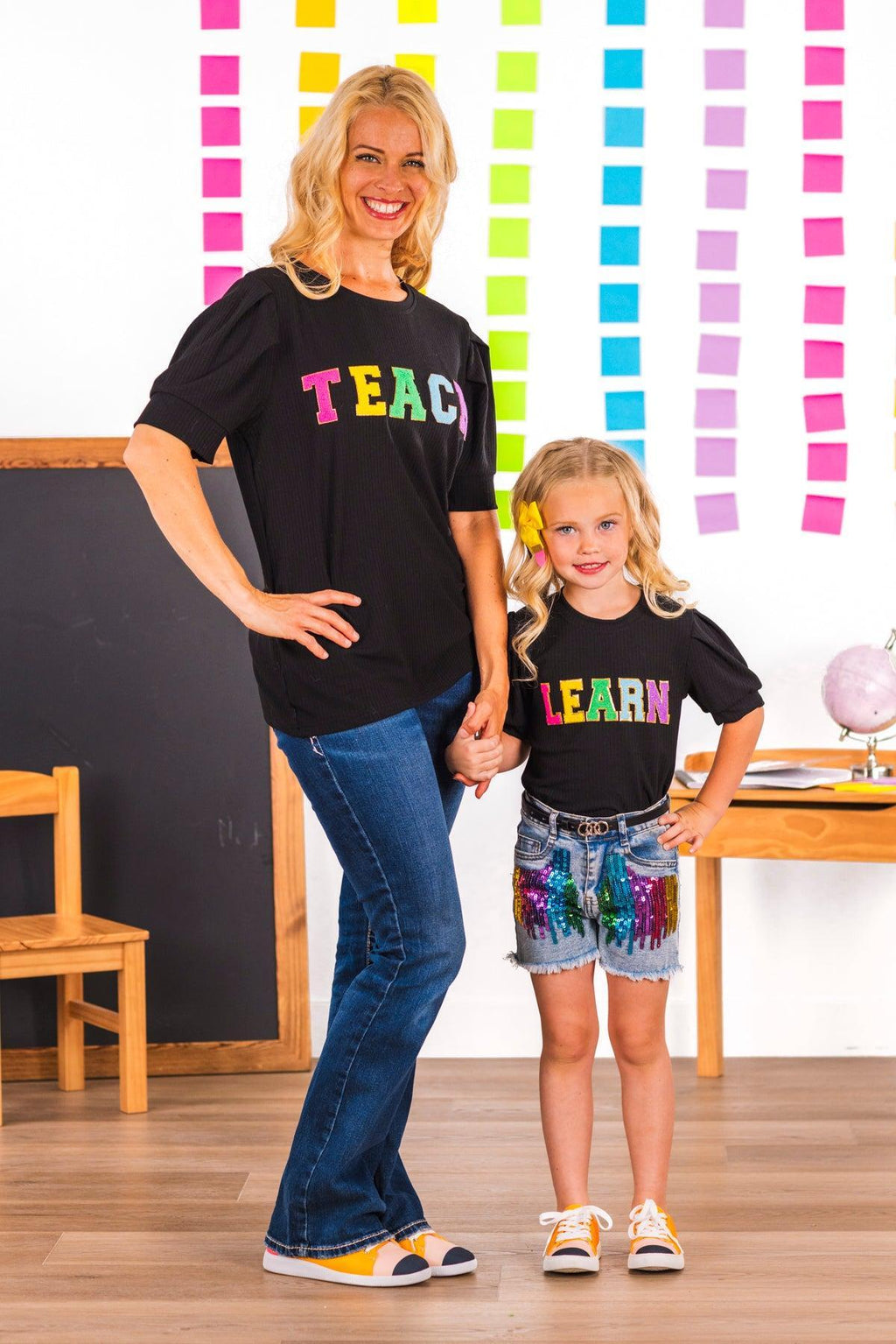 "Learn" Rainbow Sequin Denim Short Set | Sparkle in Pink