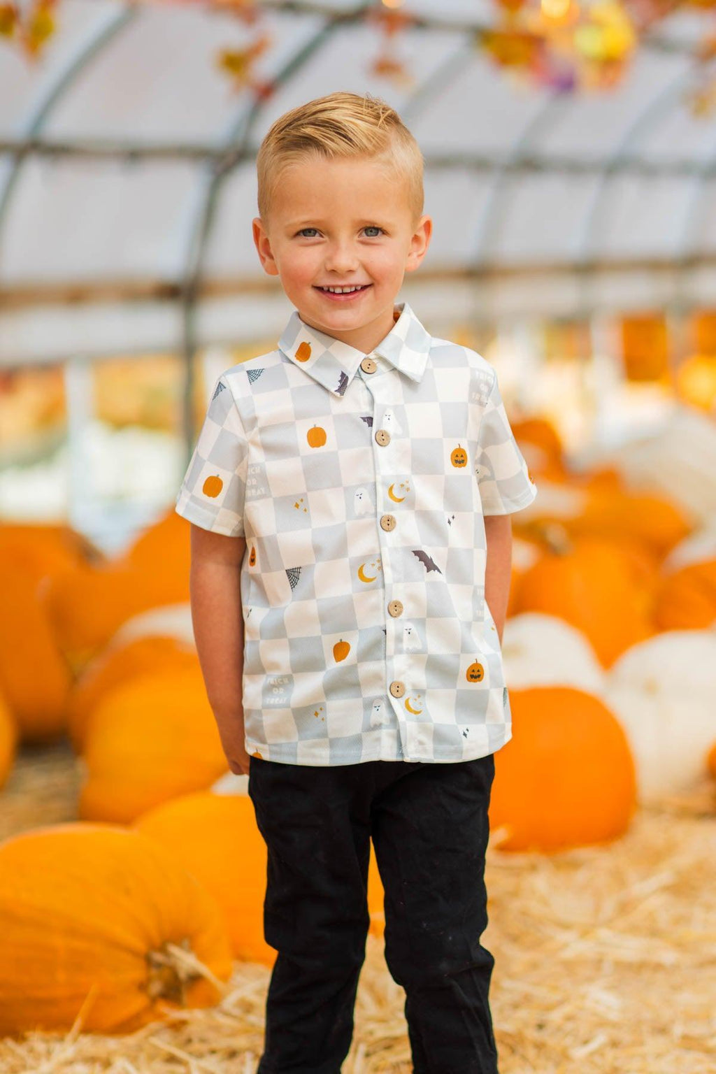 Trick Or Treat Checkered Button Down Top | Sparkle in Pink