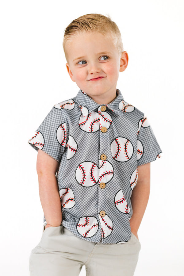 Checkered Baseball Button Down Top | Sparkle in Pink