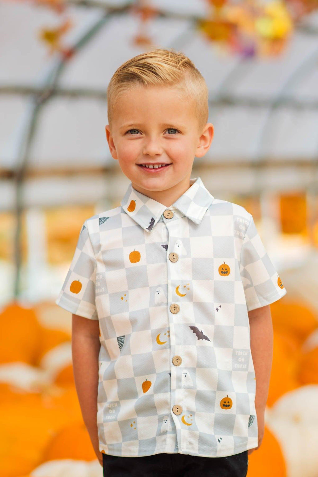 Trick Or Treat Checkered Button Down Top | Sparkle in Pink