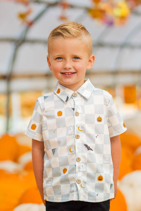 Trick Or Treat Checkered Button Down Top | Sparkle in Pink