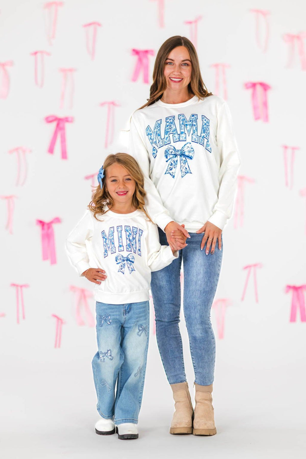 Mom & Me - "Mama & Mini" Blue Bow Long Sleeve Top
