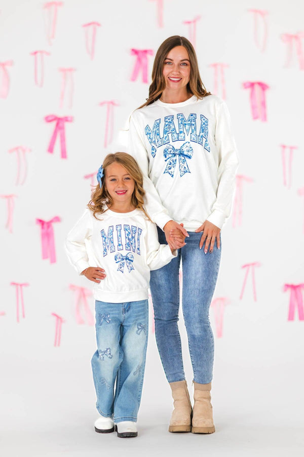 Mom & Me - "Mama & Mini" Blue Bow Long Sleeve Top