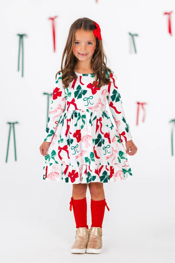 Long Sleeve Christmas Bows Dress