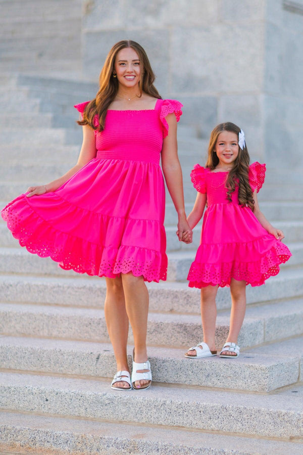 Eyelet Ruffle Dress | Matching Mom & Me Clothing Sparkle In Pink Eyelet Ruffle Dress | Matching Mom & Me Clothing Sparkle In Pink