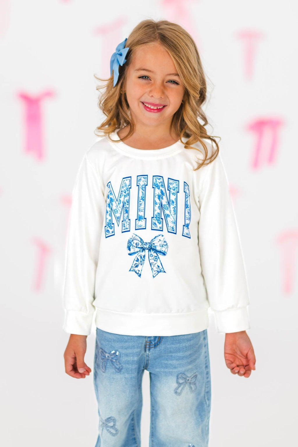 Mom & Me - "Mama & Mini" Blue Bow Long Sleeve Top