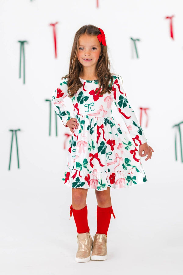 Long Sleeve Christmas Bows Dress