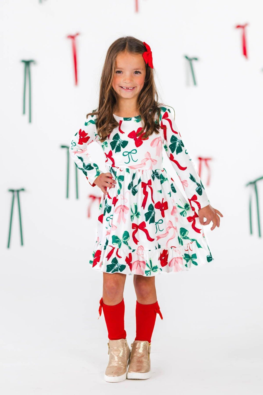 Long Sleeve Christmas Bows Dress