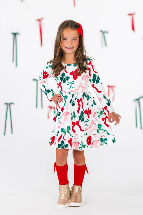 Long Sleeve Christmas Bows Dress