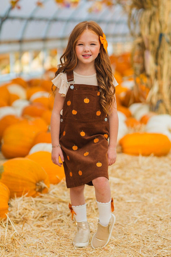 Brown Corduroy Pumpkin Overall Dress Set