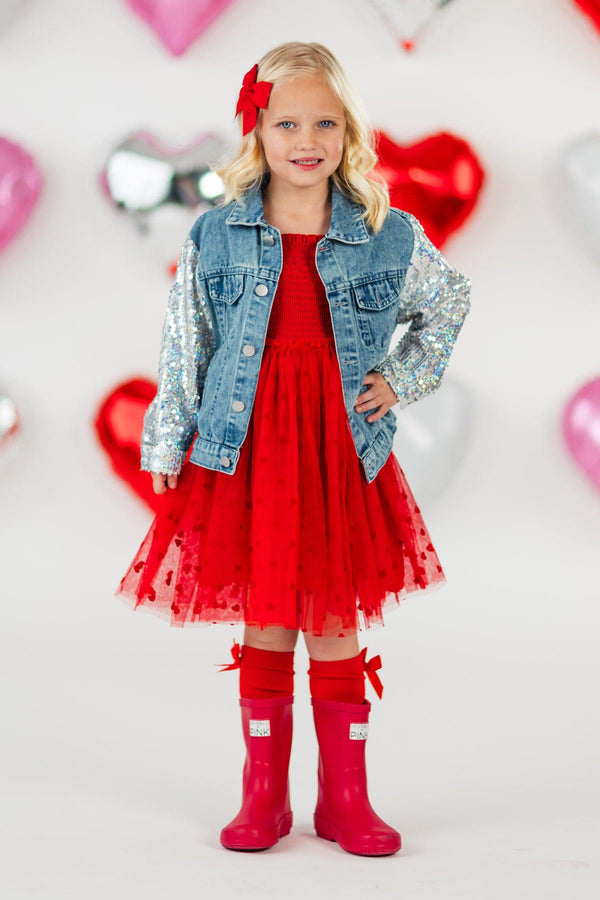 "Mini" Sequin Heart Denim Jacket | Sparkle in Pink
