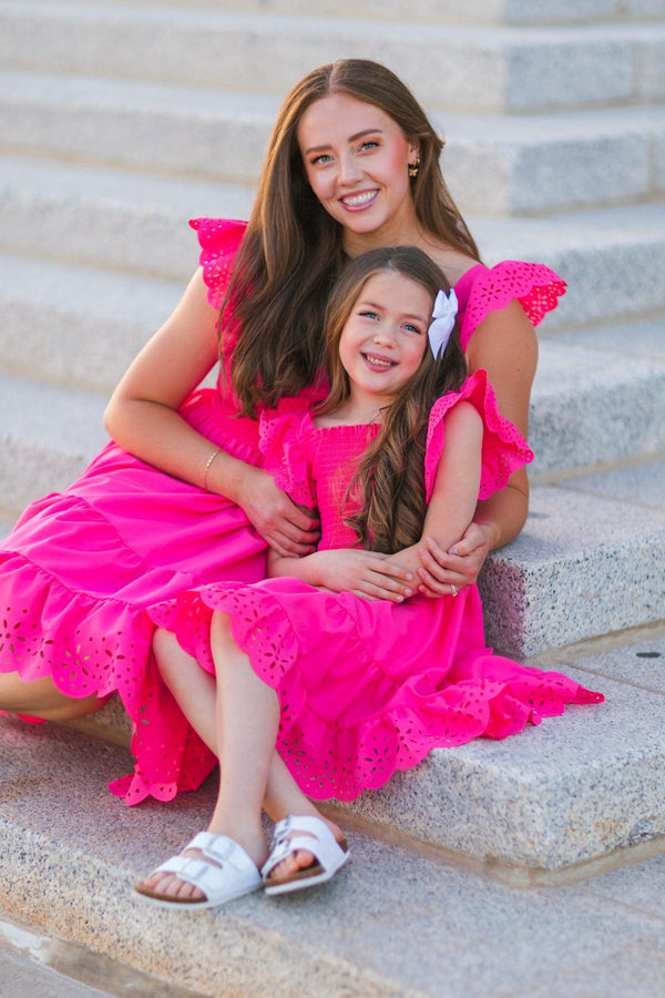 Eyelet Ruffle Dress | Matching Mom & Me Clothing Sparkle In Pink Eyelet Ruffle Dress | Matching Mom & Me Clothing Sparkle In Pink