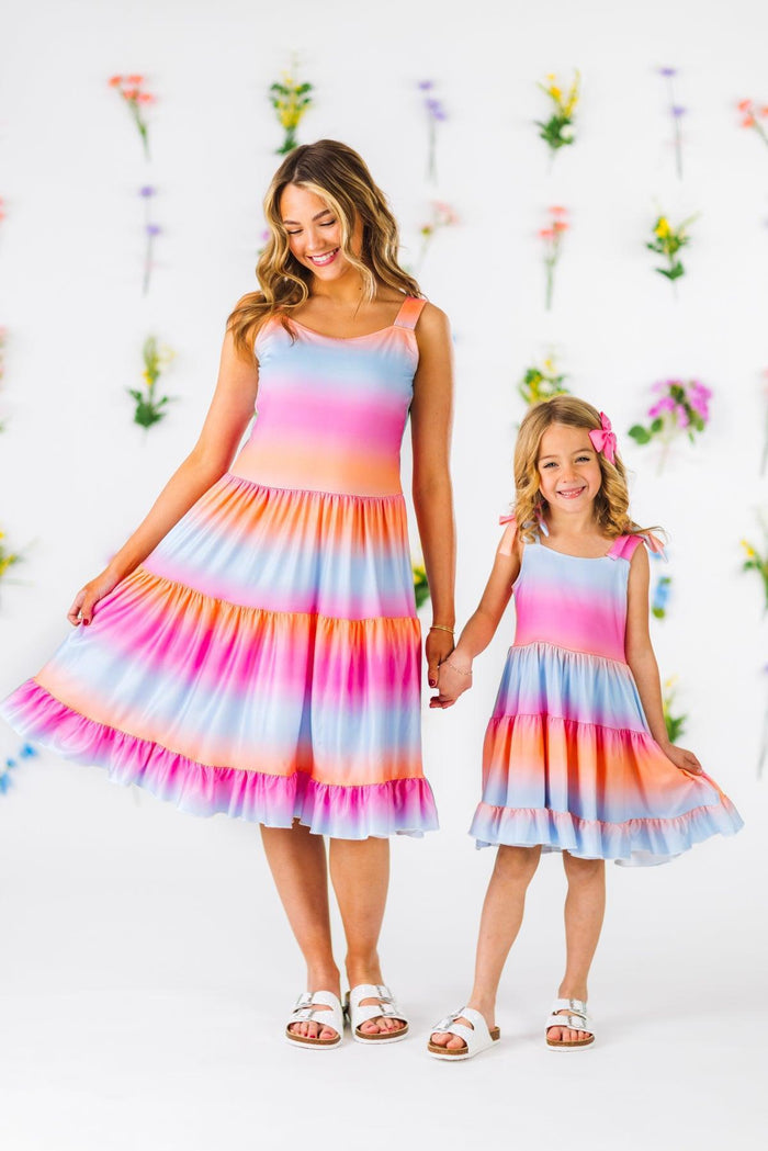 Mom & Me - Sunset Ruffle Tank Dress - CHILD-3XS-6-12 Months - Matching sleeveless sunset ruffle tank dresses in pink, orange, and purple gradient on woman and child.
