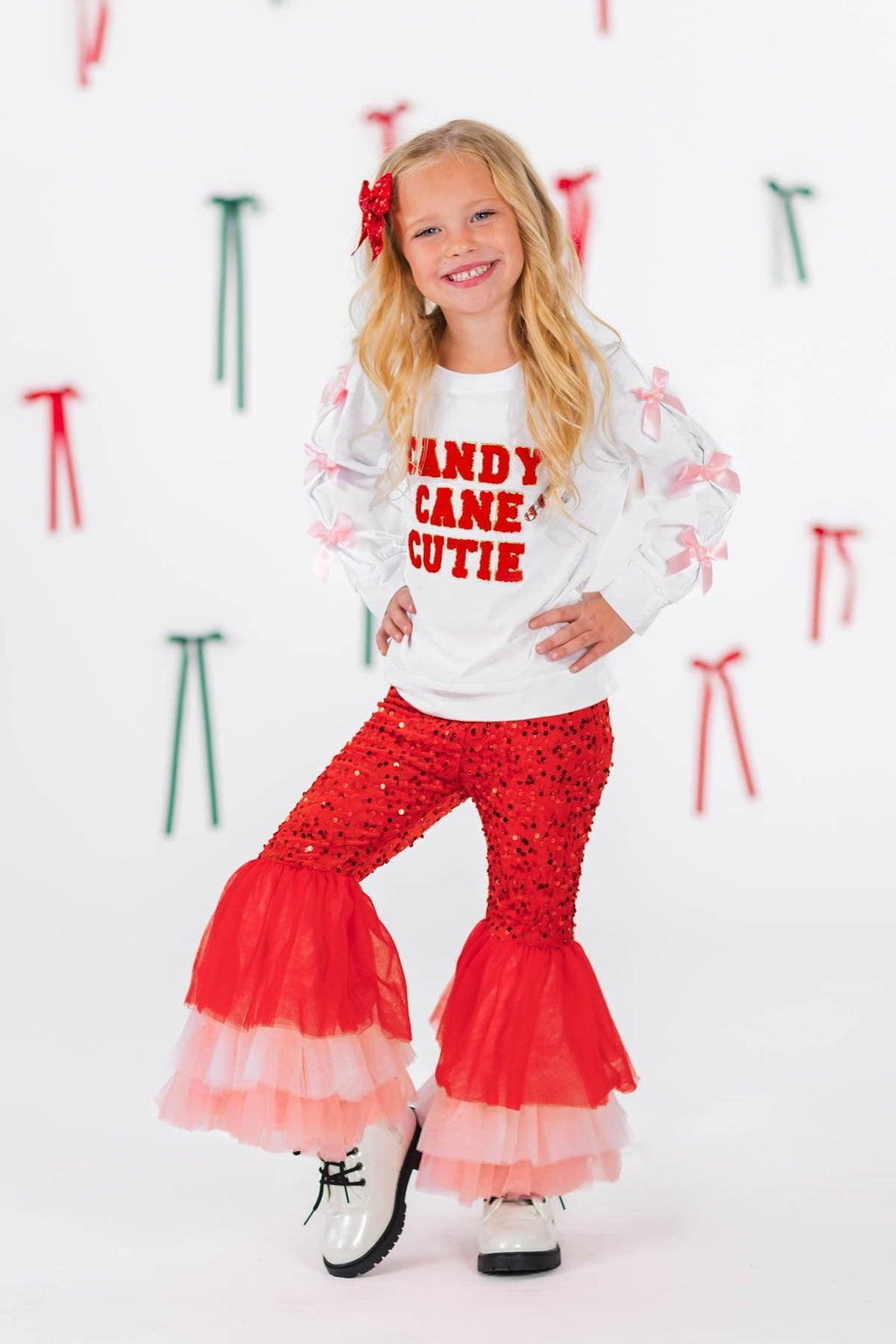 "Candy Cane Cutie" Sequin Bow Bell Bottom Set