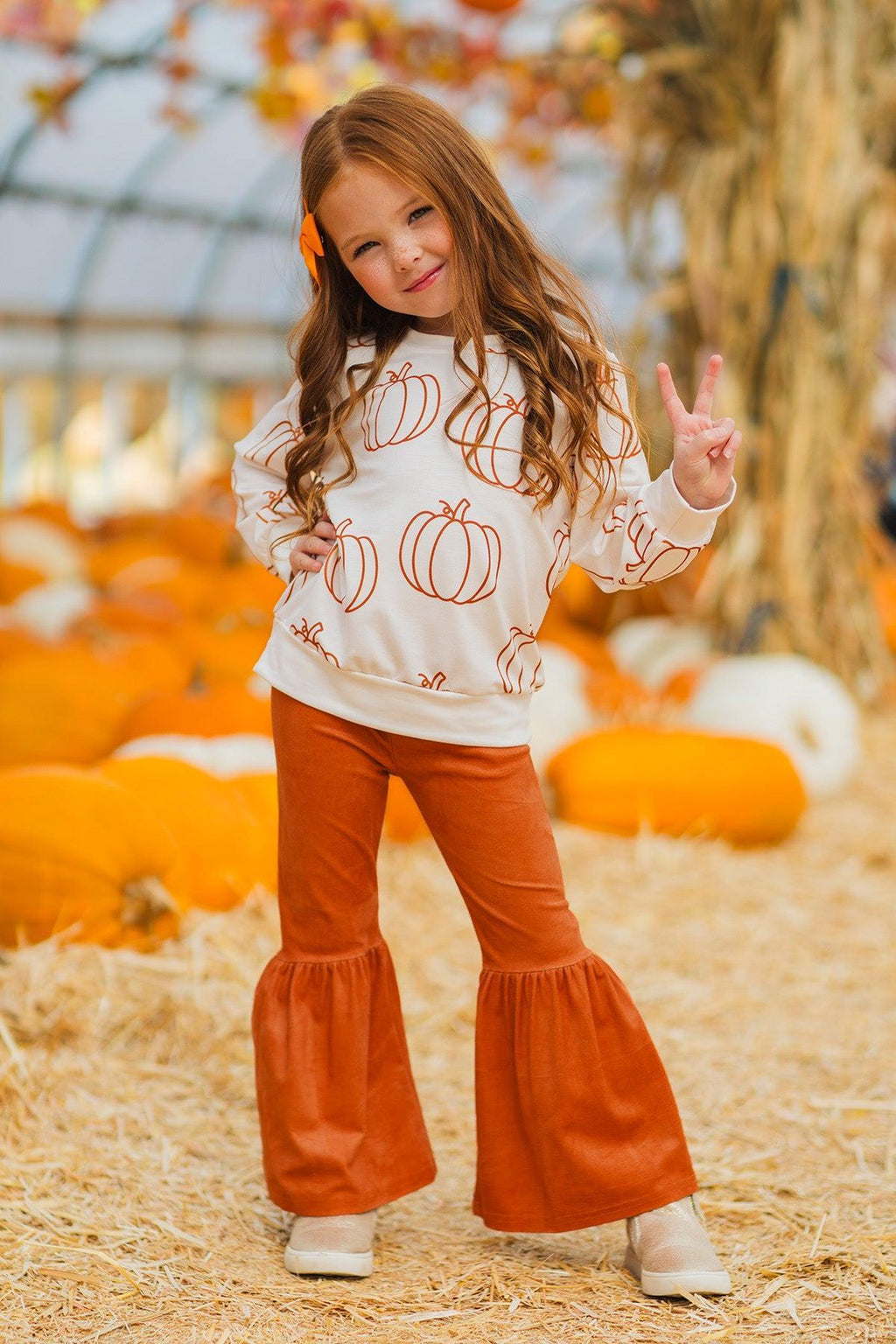 Cream Pumpkin Suede Bell Bottom Set | Sparkle in Pink