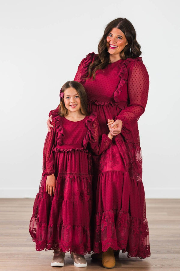 Burgundy Swiss Dot Dress | Matching Mom & Me Clothing Sparkle In Pink Burgundy Swiss Dot Dress | Matching Mom & Me Clothing Sparkle In Pink