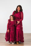 Mom & Me - Burgundy Swiss Dot Dress - CHILD-Small-3T - Burgundy long-sleeve maxi dresses with Swiss dot texture and ruffle details on woman and girl.