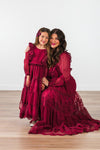 Mom & Me - Burgundy Swiss Dot Dress - CHILD-Small-3T - Burgundy Swiss dot dress with ruffled shoulders and tiered skirt on girl and matching long lace dress with ruffled sleeves.