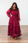 Mom & Me - Burgundy Swiss Dot Dress - CHILD-Small-3T - Long burgundy dress with sheer long sleeves and layered skirt featuring Swiss dot texture and lace trim.