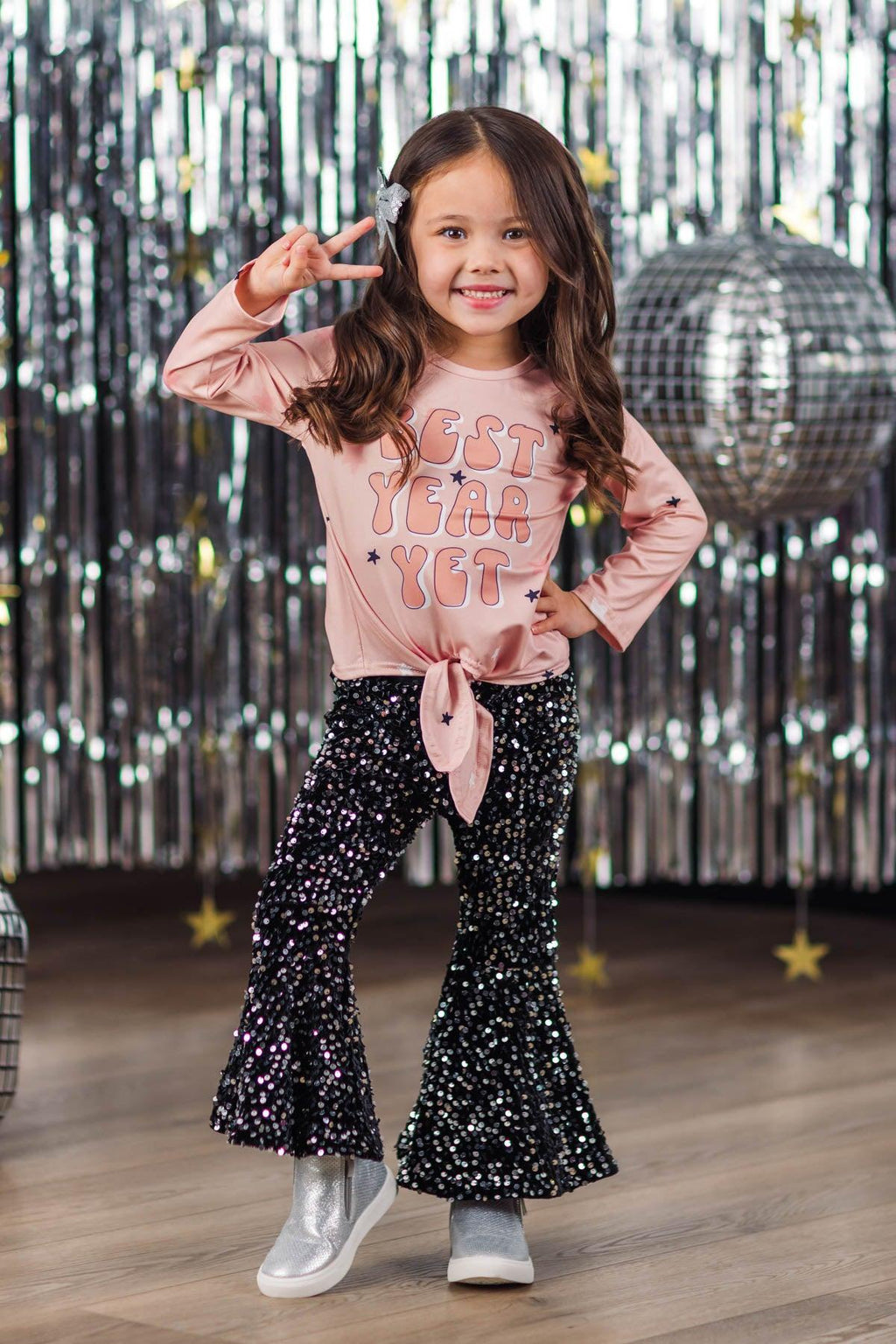 "Best Year Yet" Pink & Black Sequin Bell Bottom Set