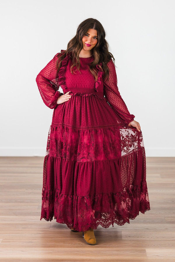 Mom & Me - Burgundy Swiss Dot Dress - CHILD-Small-3T - Burgundy maxi dress with sheer long sleeves, Swiss dot texture, tiered skirt, and floral lace detailing.