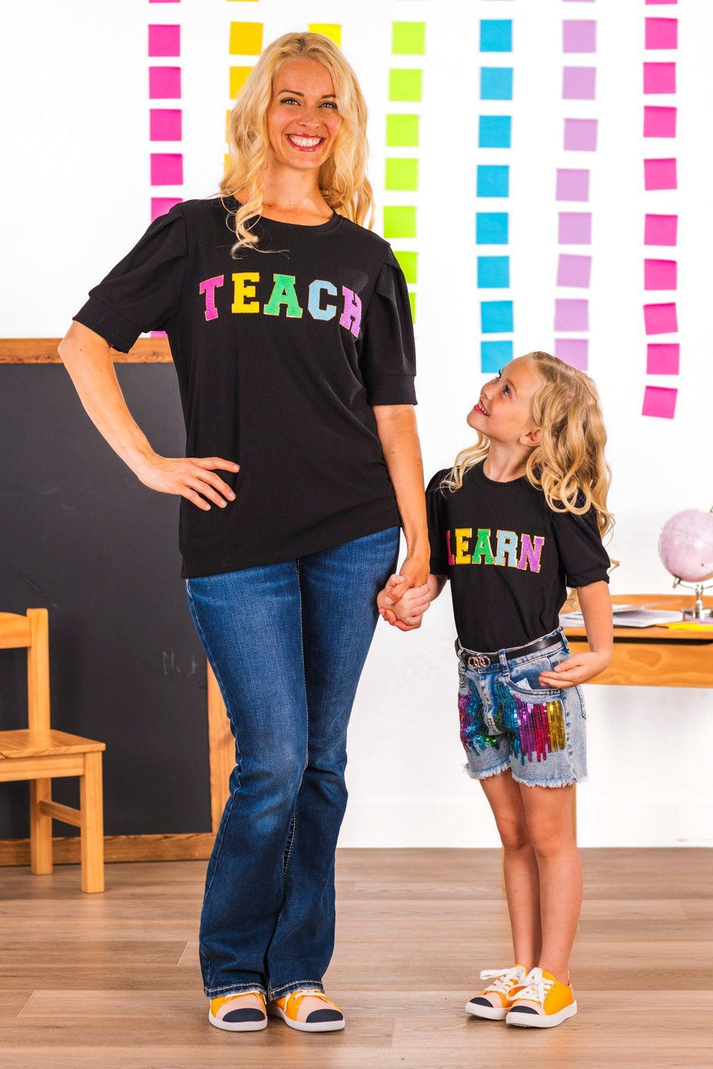 "Learn" Rainbow Sequin Denim Short Set | Sparkle in Pink