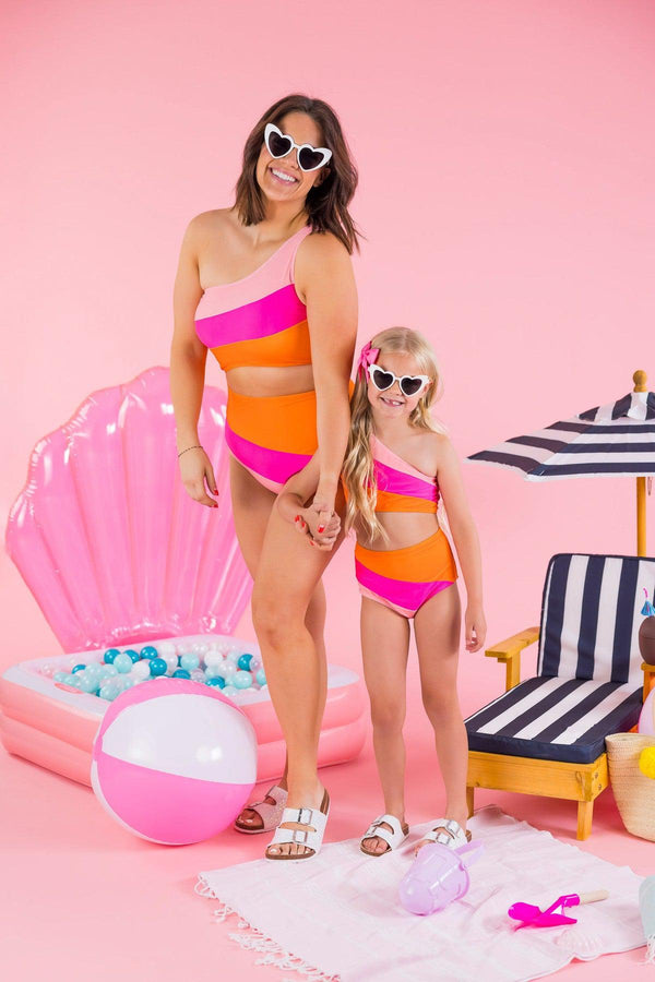 Mom & Me - Pink & Orange Striped Swimsuit - Sparkle in Pink