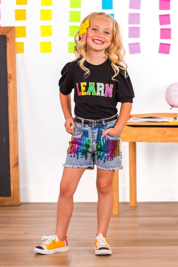 "Learn" Rainbow Sequin Denim Short Set | Sparkle in Pink