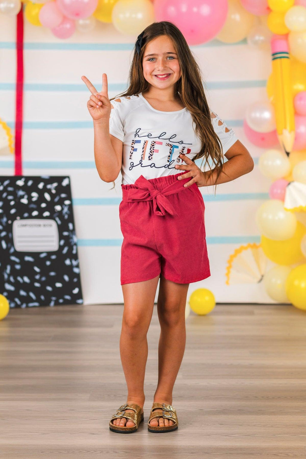"Hello Pre-K - 6th Grade" Corduroy Short Set | Sparkle in Pink