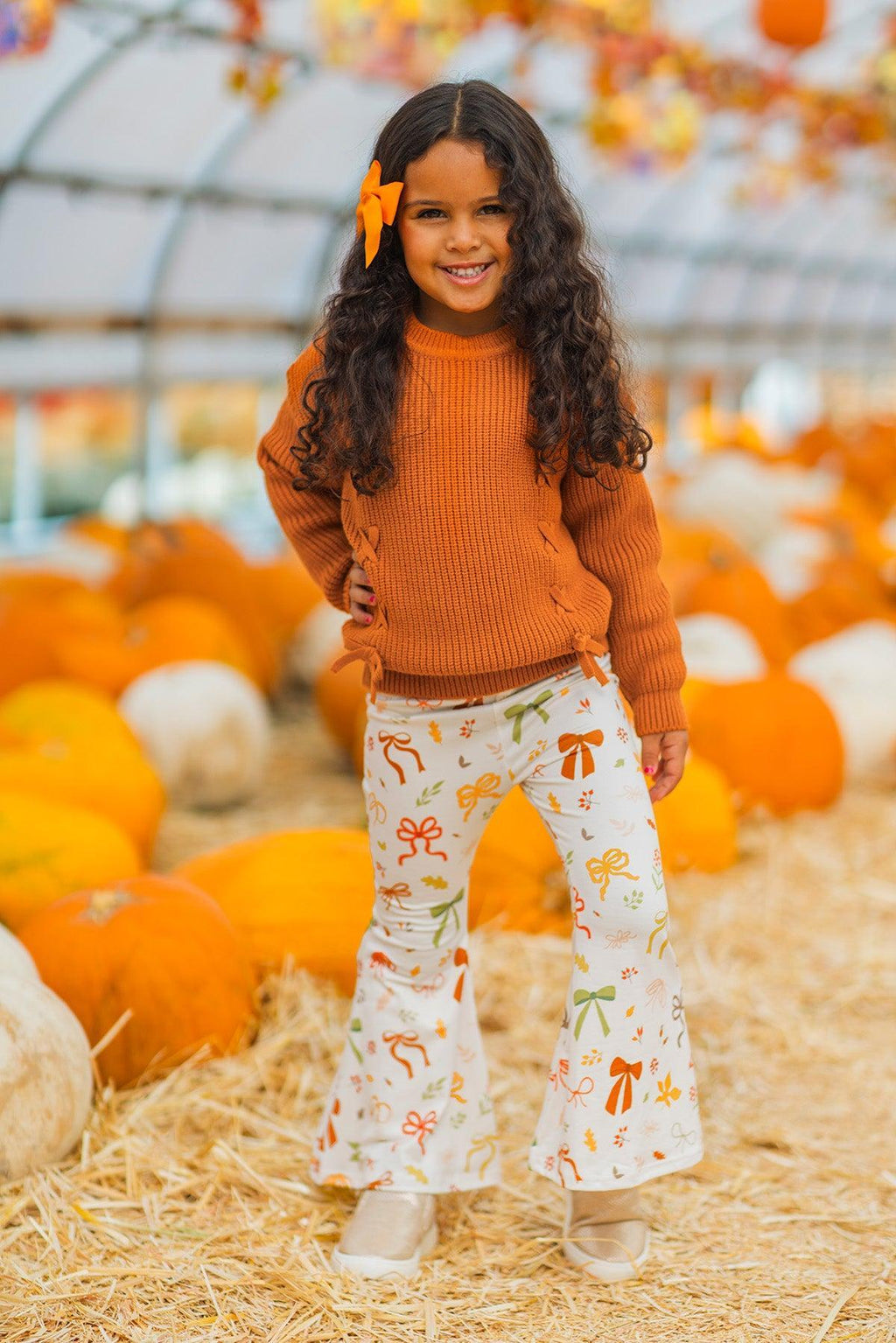 Rust Knit Sweater Bows Flare Pant Set
