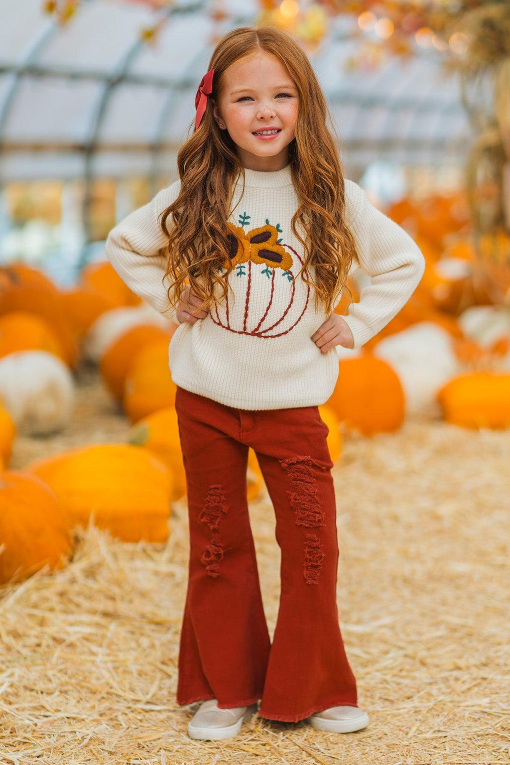 Knit Pumpkin Sweater Flare Denim Set