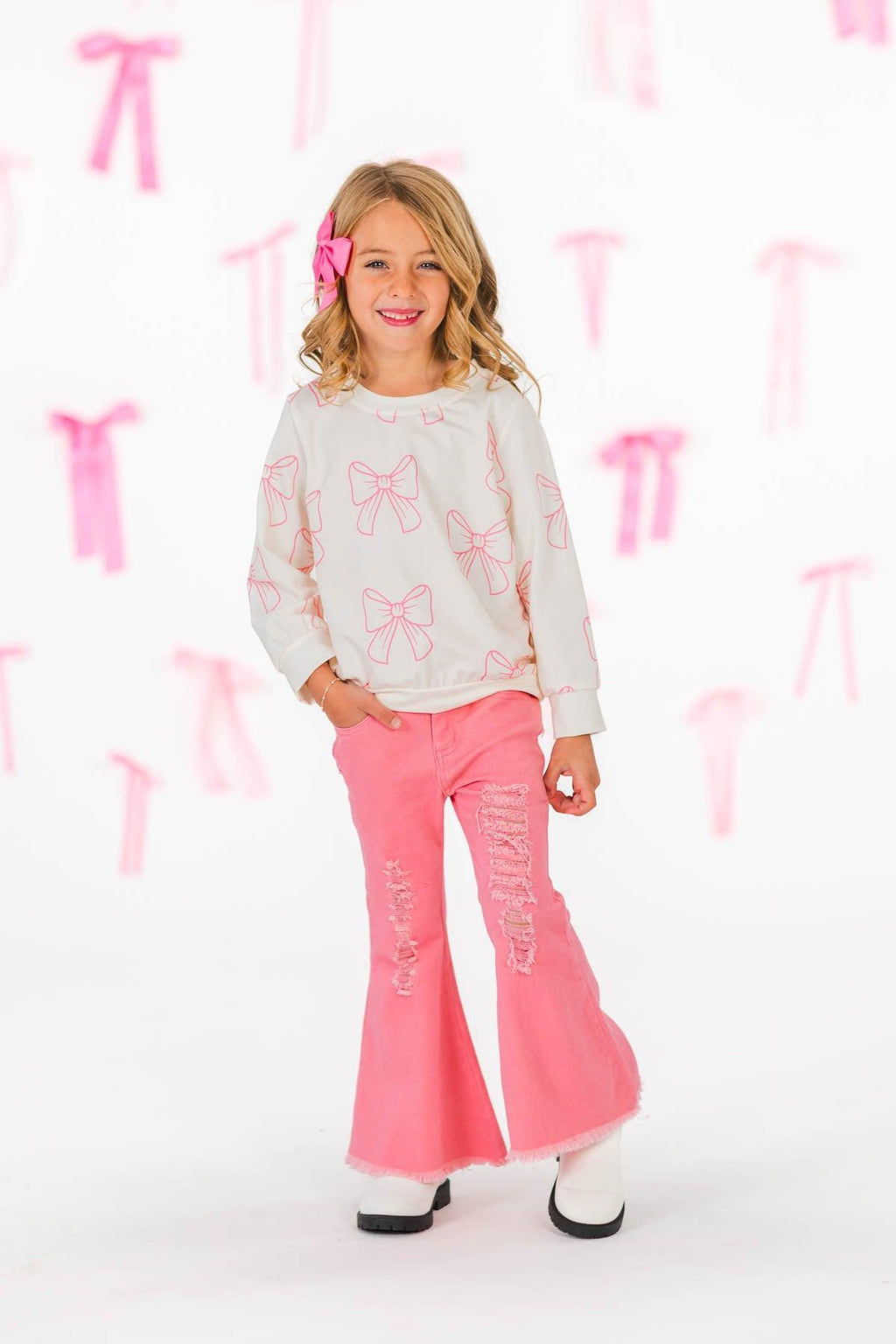 Pink Bows Denim Flare Pant Set