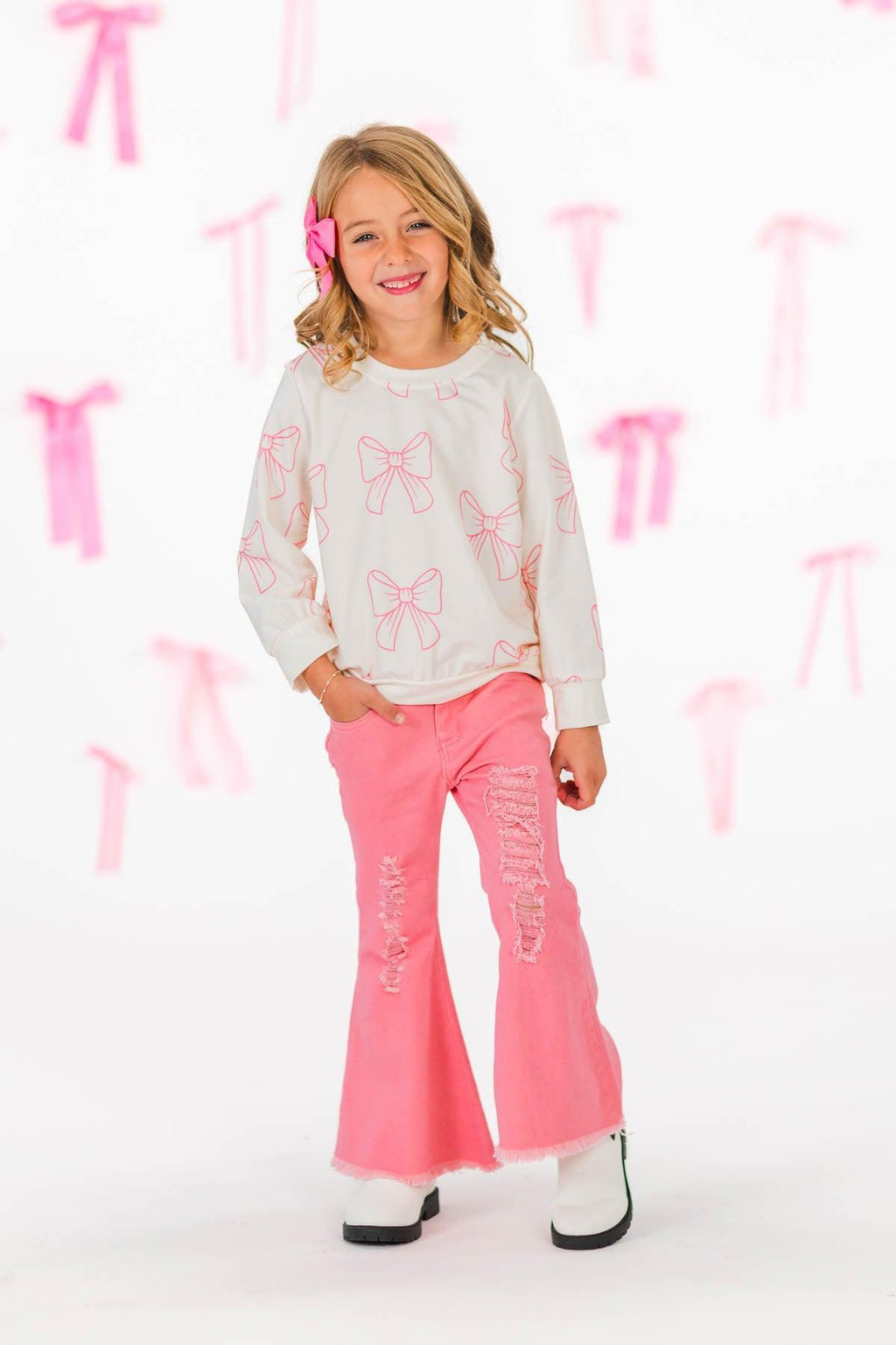 Pink Bows Denim Flare Pant Set