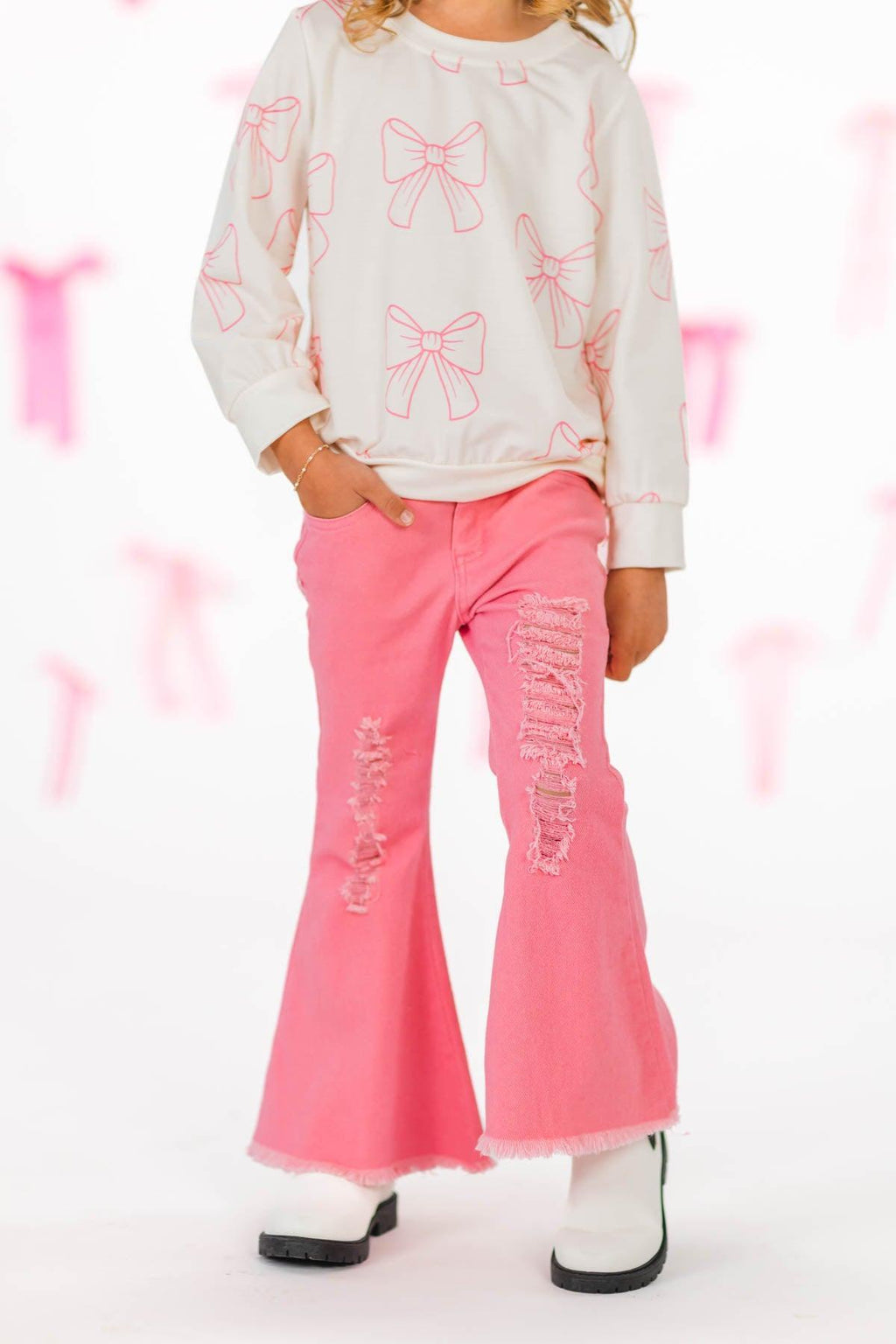 Pink Bows Denim Flare Pant Set