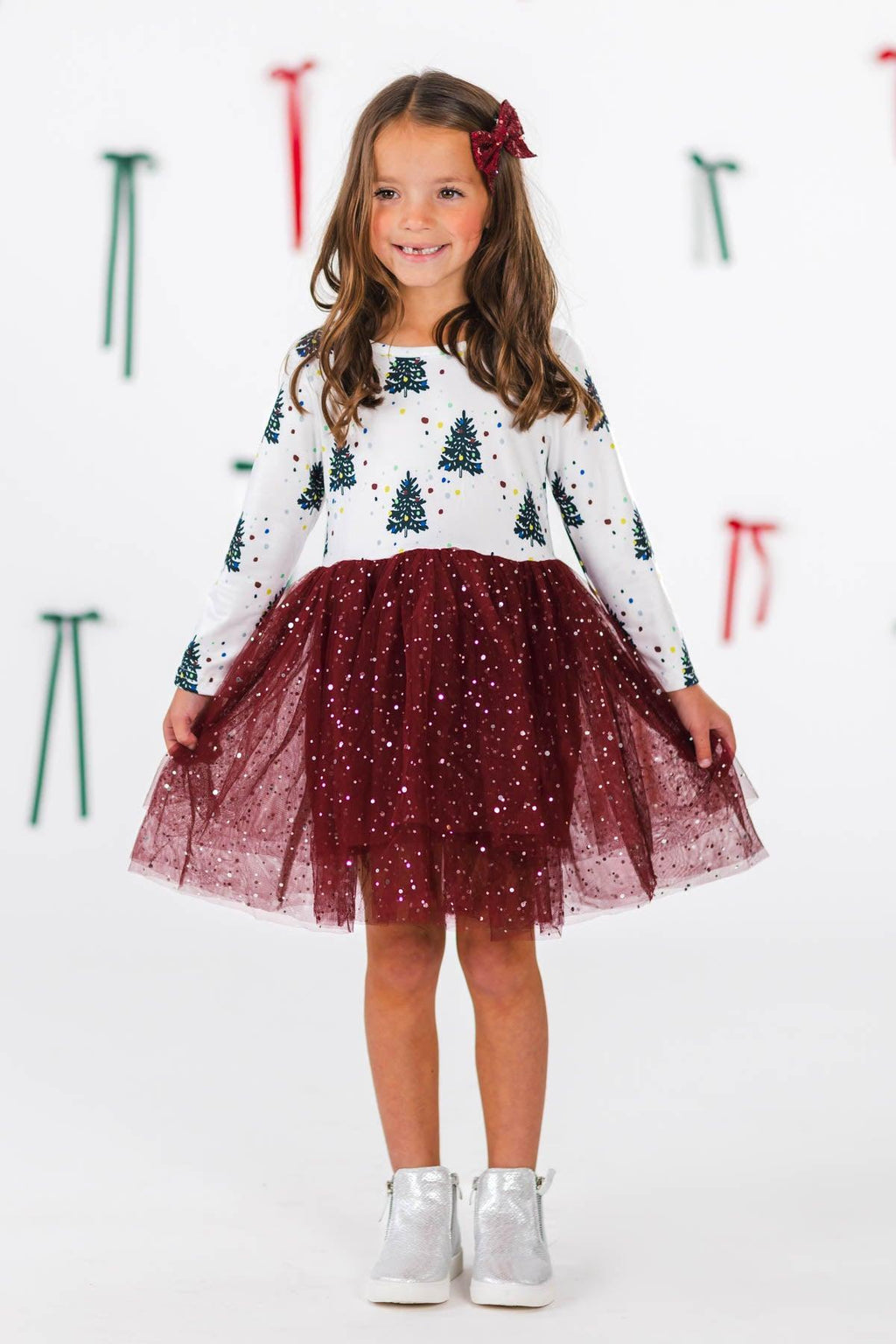 Burgundy Christmas Tree Tutu Dress | Girls' Holiday Clothing Sparkle In Pink Burgundy Christmas Tree Tutu Dress | Girls' Holiday Clothing Sparkle In Pink
