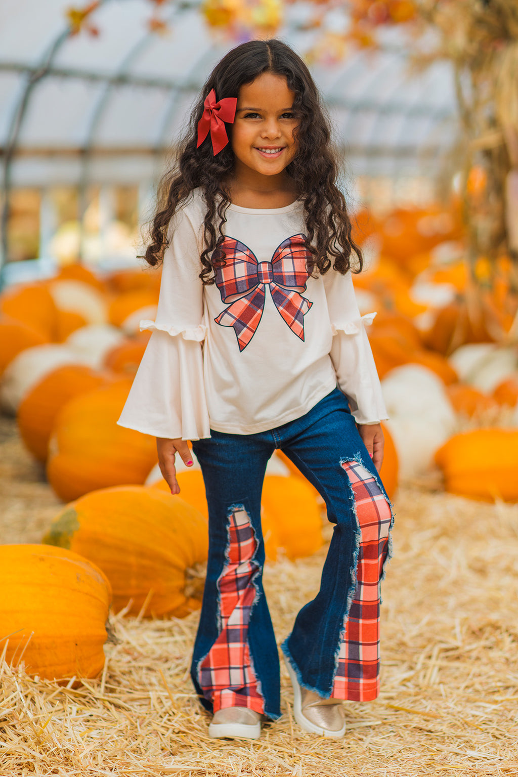 Plaid Bow Distressed Denim Flare Set | Sparkle in Pink