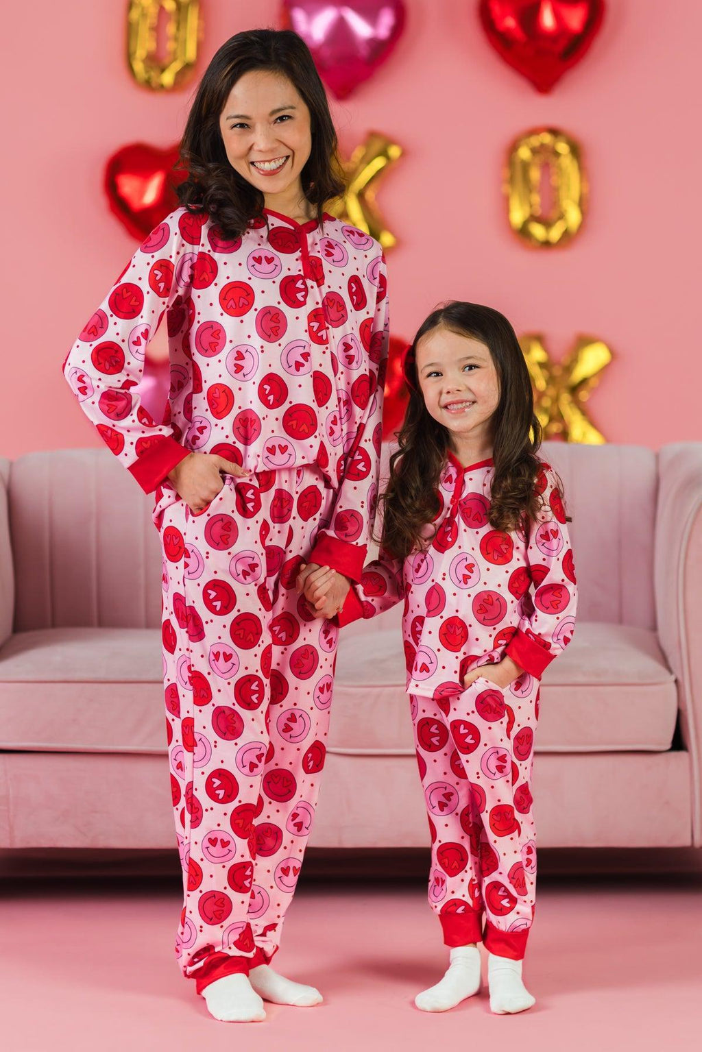 Mom & Me - Pink & Red Smiley Heart Pajamas