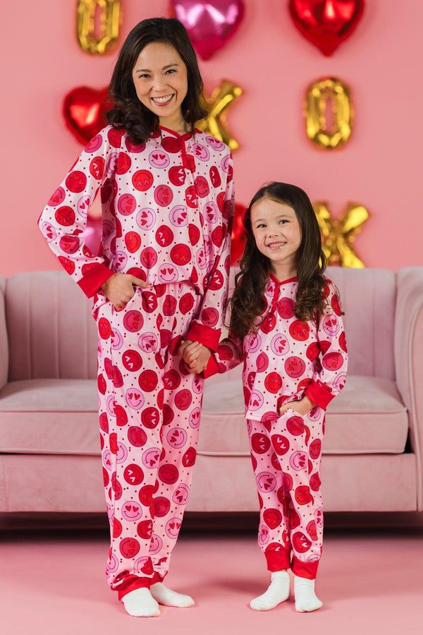 Mom & Me - Pink & Red Smiley Heart Pajamas
