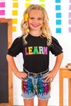 "Learn" Rainbow Sequin Denim Short Set | Sparkle in Pink