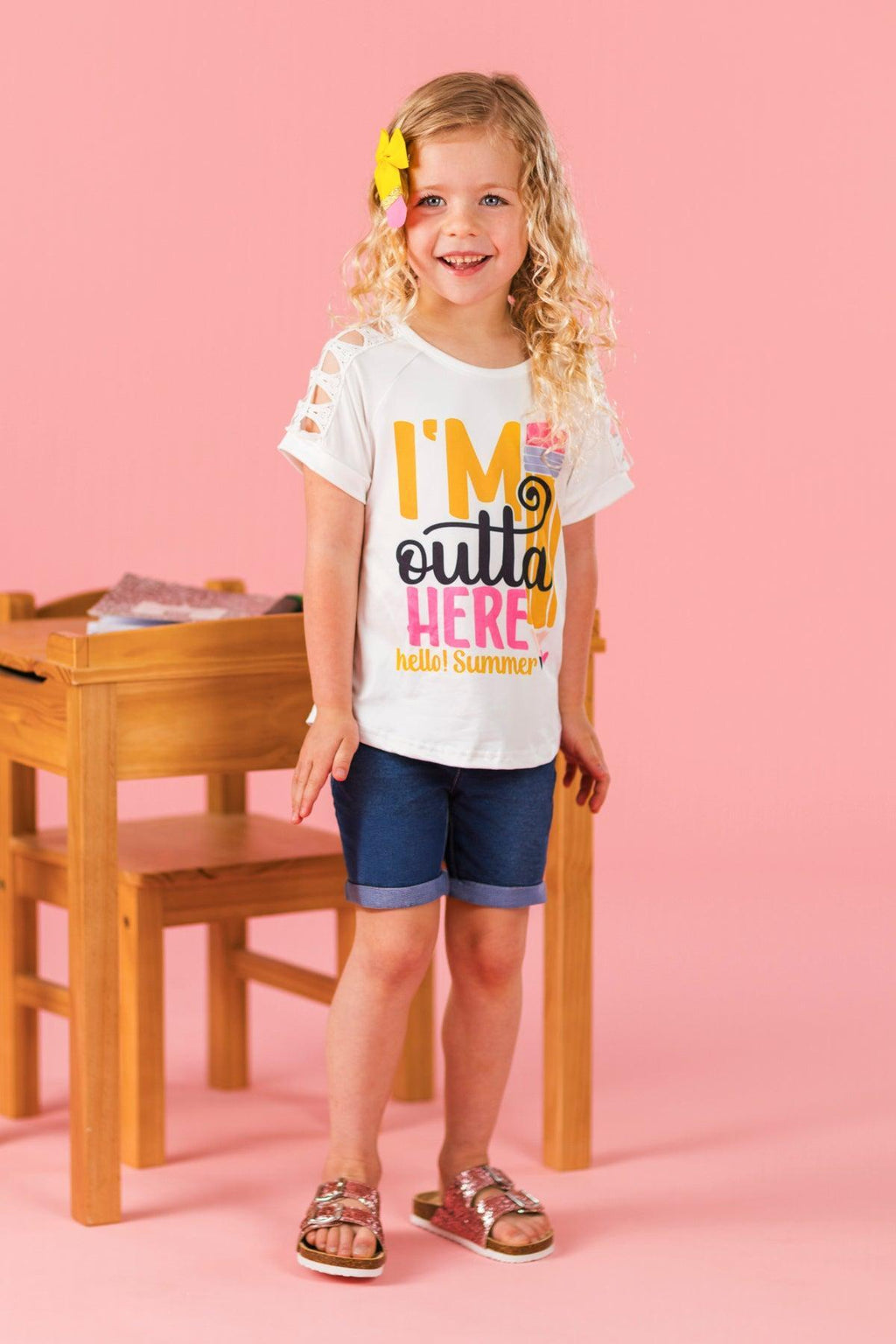 "I'm Outta Here, Hello! Summer" School Top | Sparkle in Pink