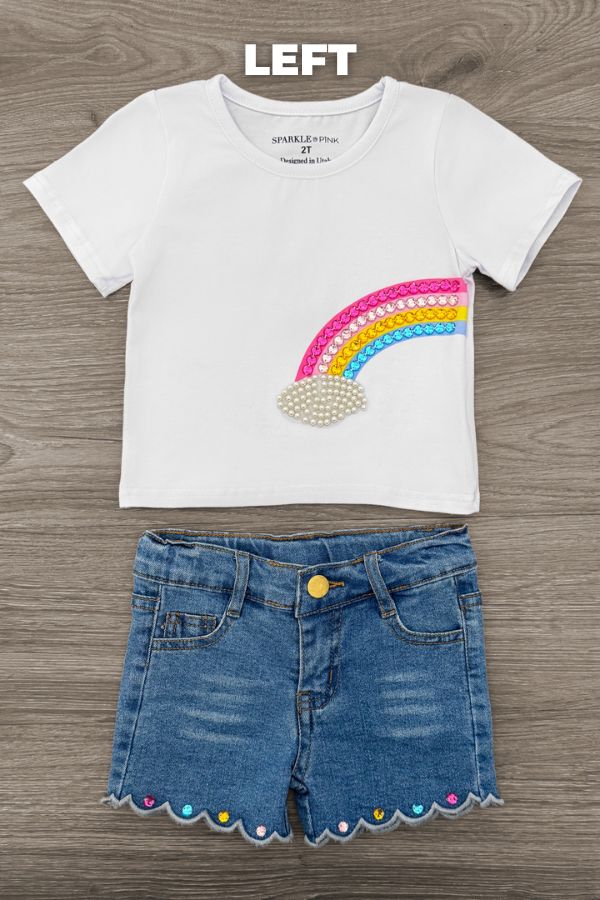 Gemstone Rainbow Denim Short Set - Left Side / 6-12 Months - White short-sleeve tee with colorful gemstone rainbow on front and blue denim shorts with scalloped rainbow-stitched hem.