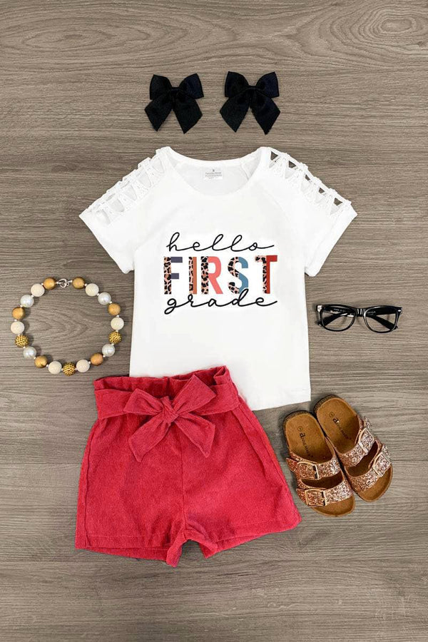 "Hello Pre-K - 6th Grade" Corduroy Short Set | Sparkle in Pink