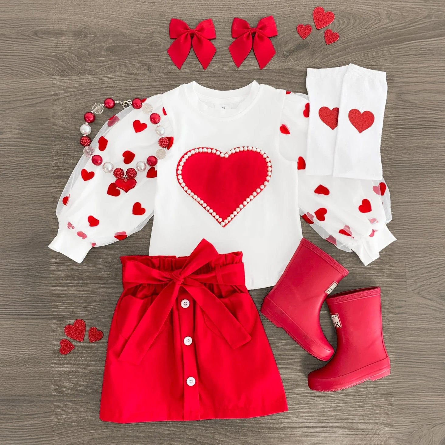 Hearts & Pearls Red Skirt Set or Onesie