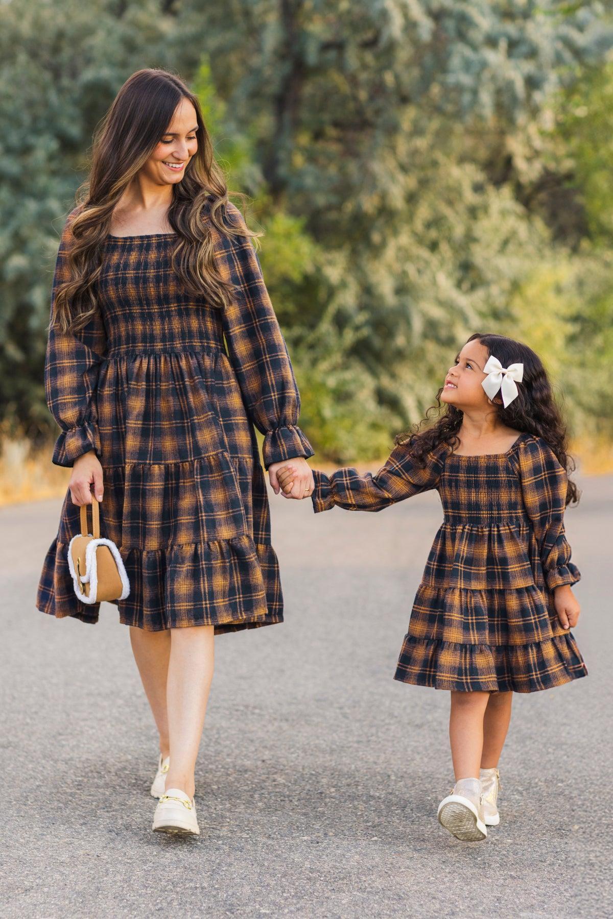 Mom & Kid - Navy & Rust Plaid Dress & Shirt