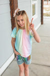 Pastel Rainbow Sequin Denim Short Set | Sparkle in Pink