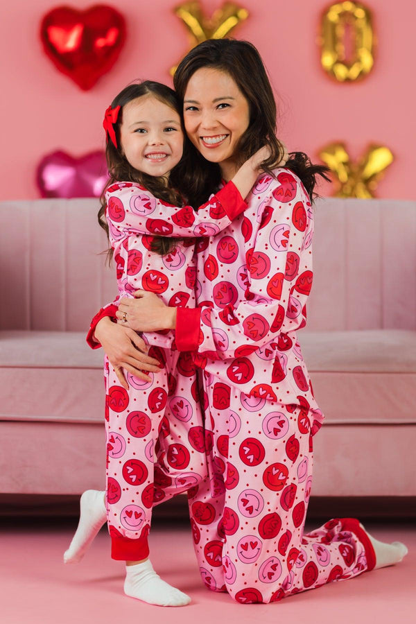 Mom & Me - Pink & Red Smiley Heart Pajamas