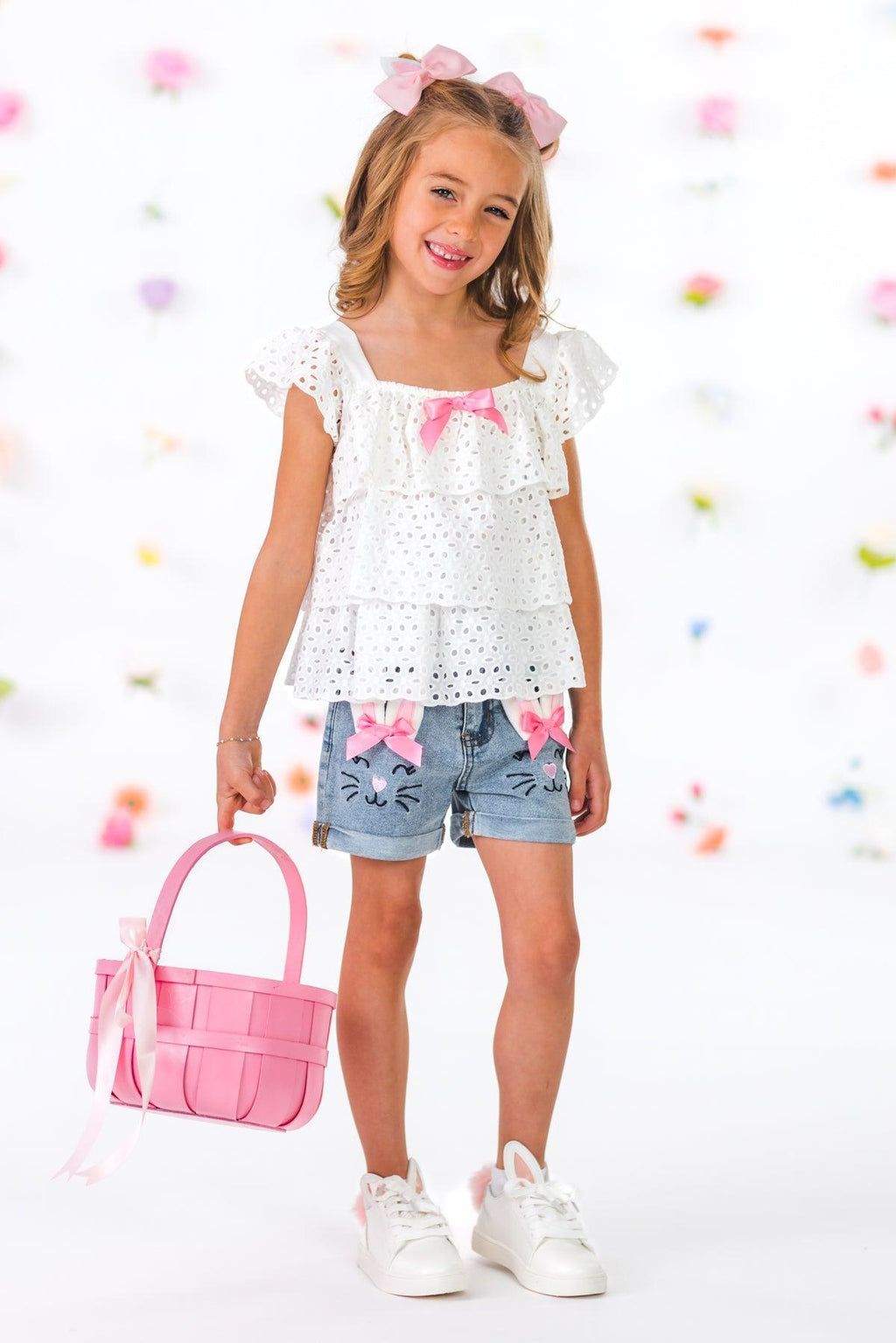 Bunny Bow Denim Short Set | Sparkle in Pink