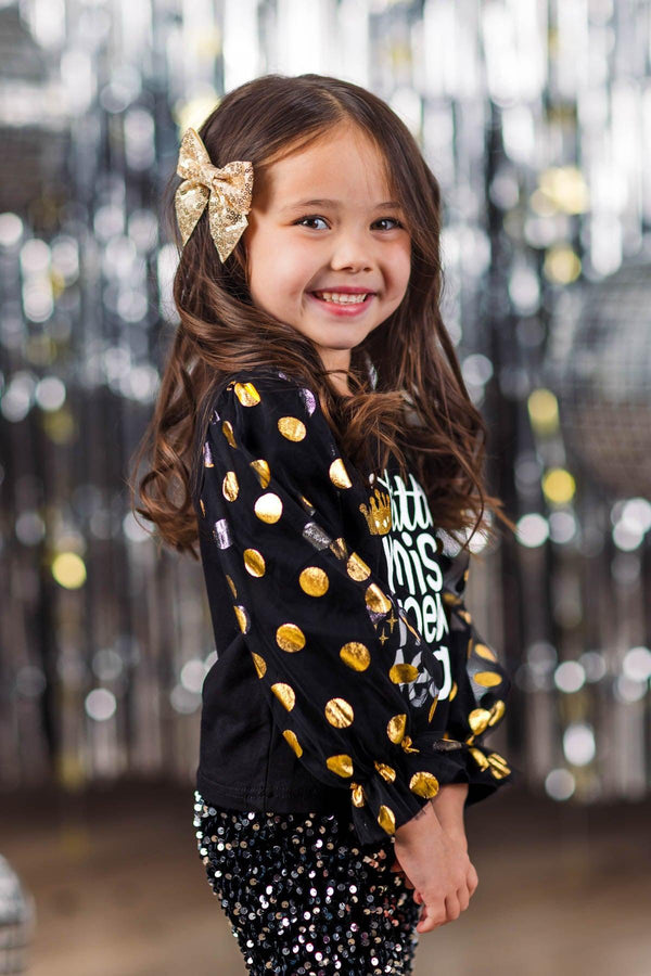 "Little Miss New Year" Black Puff Sleeve Top